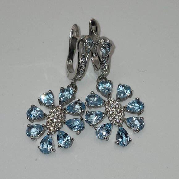 .925 Sterling Silver Floral Blue Topaz with CZ Centre Earrings Value $710 - Picture 1 of 6